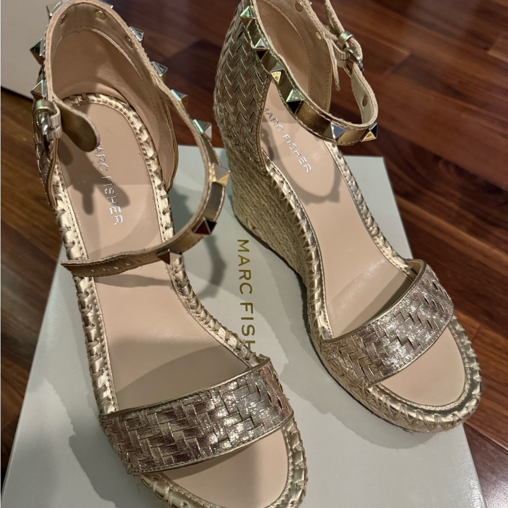 Marc Fisher Metallic Gold Studded Wedge Sandals
